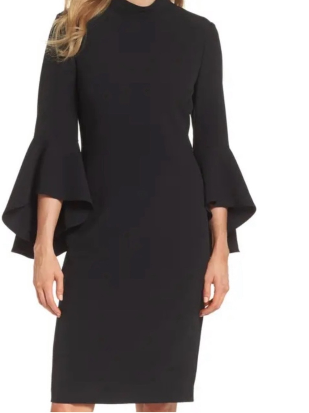 Size 14 Women’s Eiza J Black Midi Sheath Dress with Dramatic Bell Sleeves